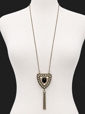 Vintage-Inspired Tassel Pendant Necklace | Blue Stone & Faux Pearl Statement